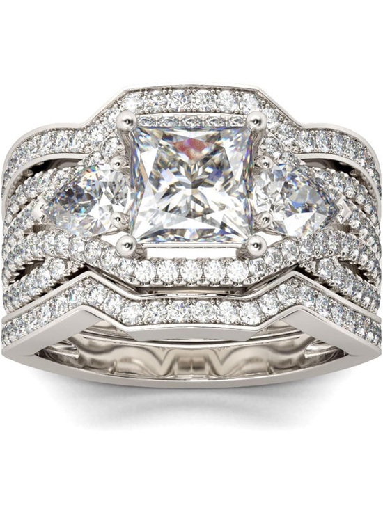 Julia Jewelry - Julia Sterling Silver Brilliant Princess-Cut White Stone Silver-Bridal Ring Set
